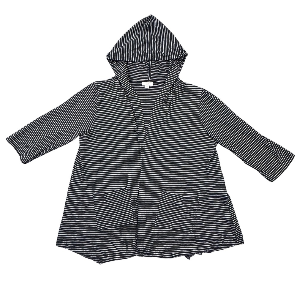 J. Jill Womens Navy White Striped Hooded Open Front Cardigan Petite Large L P